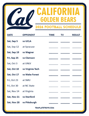 California Golden Bears Football 2026
 Printable Schedule - Style 3