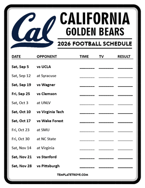 California Golden Bears Football 2026
 Printable Schedule - Style 4