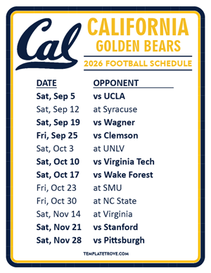 California Golden Bears Football 2026
 Printable Schedule