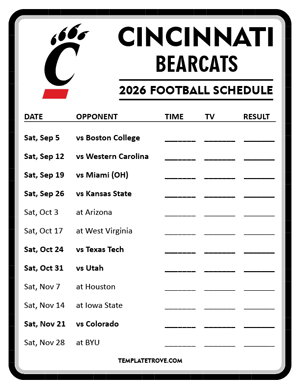 Cincinnati Bearcats Football 2026
 Printable Schedule - Style 4