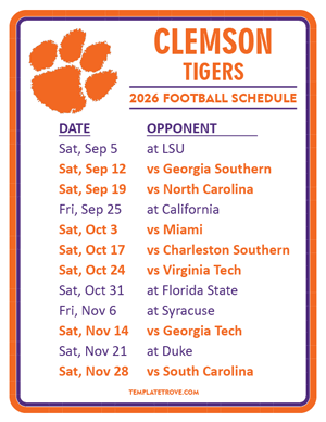 Clemson Tigers Football 2026
 Printable Schedule
