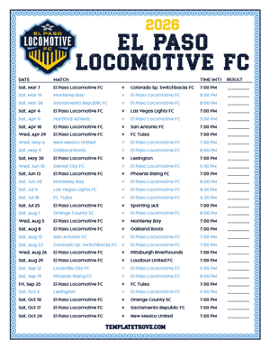  El Paso Locomotive FC 2026
 Printable Soccer Schedule - Mountain Times