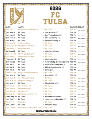   FC Tulsa 2026
 Printable Soccer Schedule - Central Times