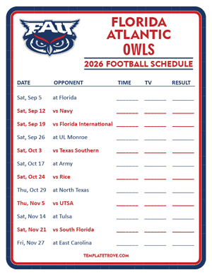 Florida Atlantic Owls

 Football 2026
 Printable Schedule - Style 3