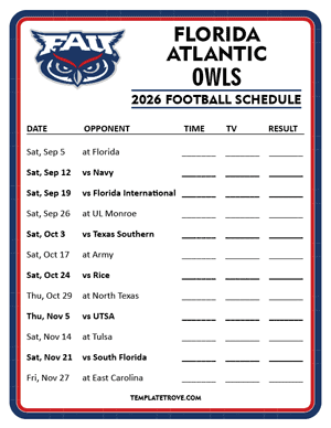 Florida Atlantic Owls

 Football 2026
 Printable Schedule - Style 4