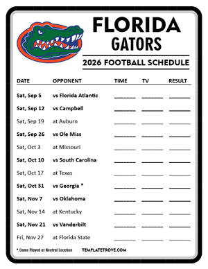 Florida Gators Football 2026
 Printable Schedule - Style 4
