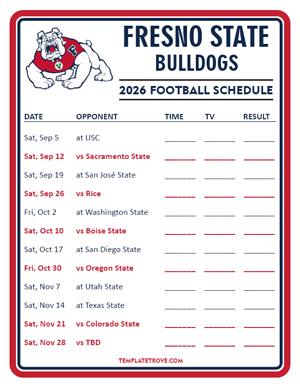 Fresno State Bulldogs Football 2026
 Printable Schedule - Style 3
