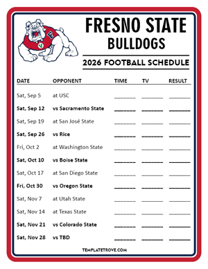 Fresno State Bulldogs Football 2026
 Printable Schedule - Style 4