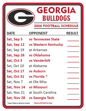 Georgia Bulldogs Football 2026
 Printable Schedule  - Style 2