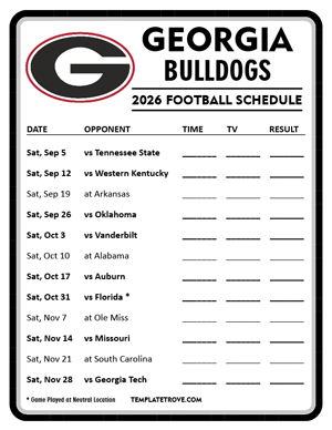 Georgia Bulldogs Football 2026
 Printable Schedule - Style 4