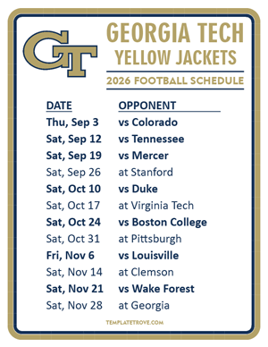 Georgia Tech Yellow Jackets Football 2026
 Printable Schedule