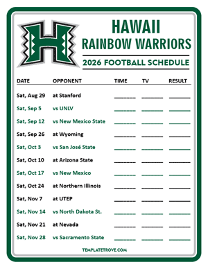 Hawaii Rainbow Warriors Football 2026
 Printable Schedule - Style 3
