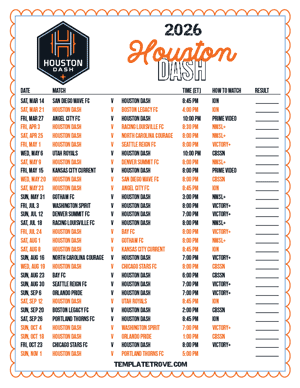 Houston Dash 2026
 Printable Soccer Schedule