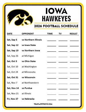 Iowa Hawkeyes Football 2026
 Printable Schedule - Style 3