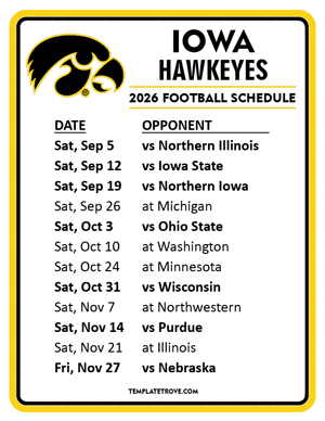 Iowa Hawkeyes Football 2026
 Printable Schedule