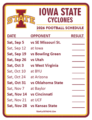 Iowa State Cyclones Football 2026
 Printable Schedule  - Style 2