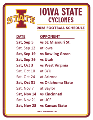 Iowa State Cyclones Football 2026
 Printable Schedule