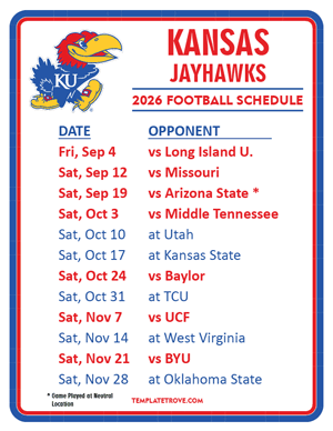 Kansas Jayhawks Football 2026
 Printable Schedule