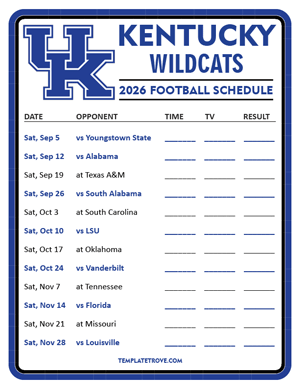 Kentucky Wildcats Football 2026
 Printable Schedule - Style 3