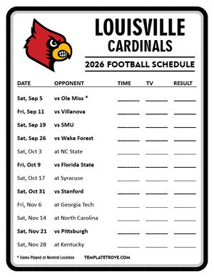 Louisville Cardinals Football 2026
 Printable Schedule - Style 4