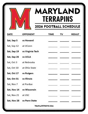 Maryland Terrapins Football 2026
 Printable Schedule - Style 4