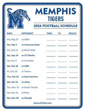 Memphis Tigers Football 2026
 Printable Schedule - Style 3