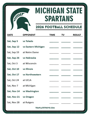 Michigan State Spartans Football 2026
 Printable Schedule - Style 3