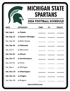 Michigan State Spartans Football 2026
 Printable Schedule - Style 4