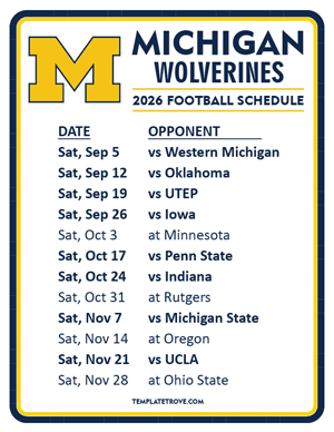 Michigan Wolverines Football 2026
 Printable Schedule