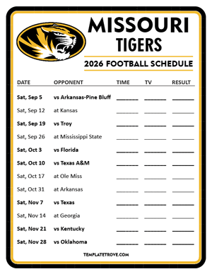 Missouri Tigers Football 2026
 Printable Schedule - Style 3