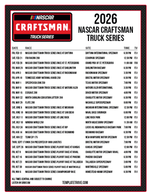 Printable 2026
 NASCAR Truck Series Schedule - Central Times