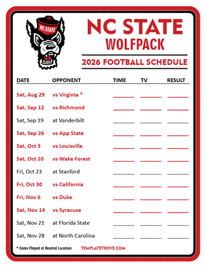 NC State Wolfpack Football 2026
 Printable Schedule - Style 3