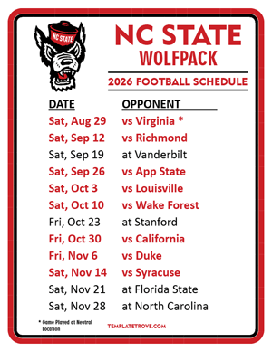 NC State Wolfpack Football 2026
 Printable Schedule