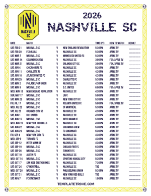 Nashville SC 2026
 Printable Soccer Schedule - Pacific Times