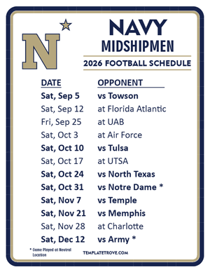 Navy Midshipmen Football 2026
 Printable Schedule