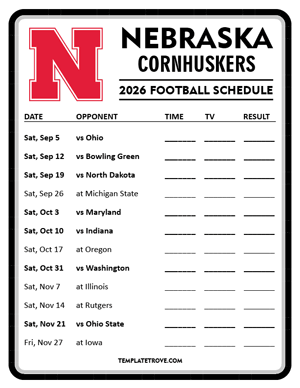 Nebraska Cornhuskers Football 2026
 Printable Schedule - Style 4