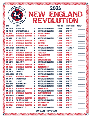 New England Revolution 2026
 Printable Soccer Schedule - Central Times
