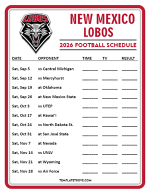New Mexico Lobos Football 2026
 Printable Schedule - Style 4