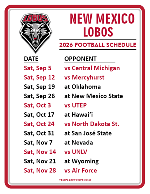 New Mexico Lobos Football 2026
 Printable Schedule