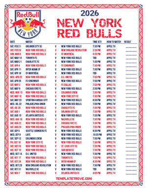 New York Red Bulls 2026
 Printable Soccer Schedule