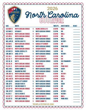 North Carolina Courage 2026
 Printable Soccer Schedule - Pacific Times