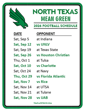 North Texas Mean Green
 Football 2026
 Printable Schedule