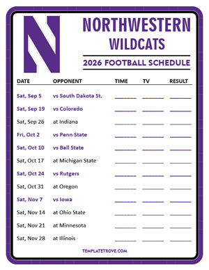 Northwestern Wildcats Football 2026
 Printable Schedule - Style 3