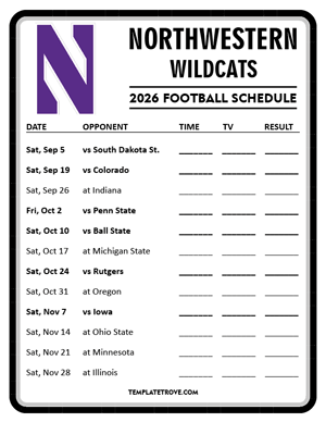 Northwestern Wildcats Football 2026
 Printable Schedule - Style 4