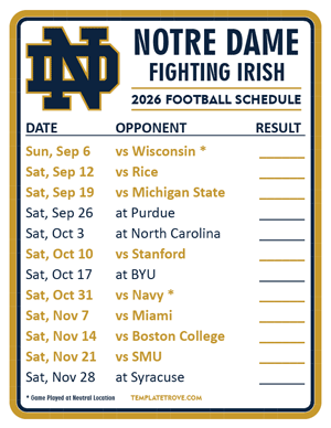Notre Dame Fighting Irish Football 2026
 Printable Schedule  - Style 2