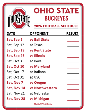 Ohio State Buckeyes Football 2026
 Printable Schedule  - Style 2