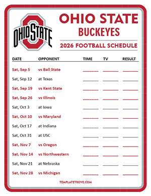 Ohio State Buckeyes Football 2026
 Printable Schedule - Style 3