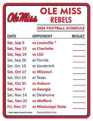 Ole Miss Rebels Football 2026
 Printable Schedule  - Style 2