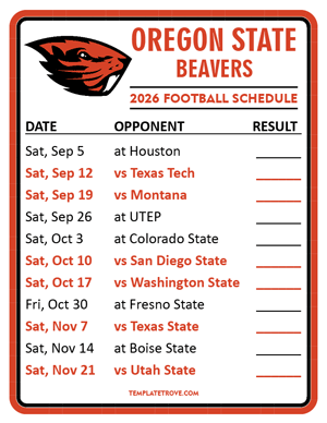 Oregon State Beavers Football 2026
 Printable Schedule  - Style 2