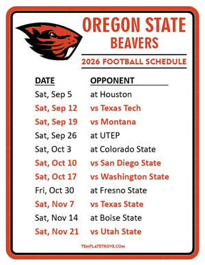 Oregon State Beavers Football 2026
 Printable Schedule